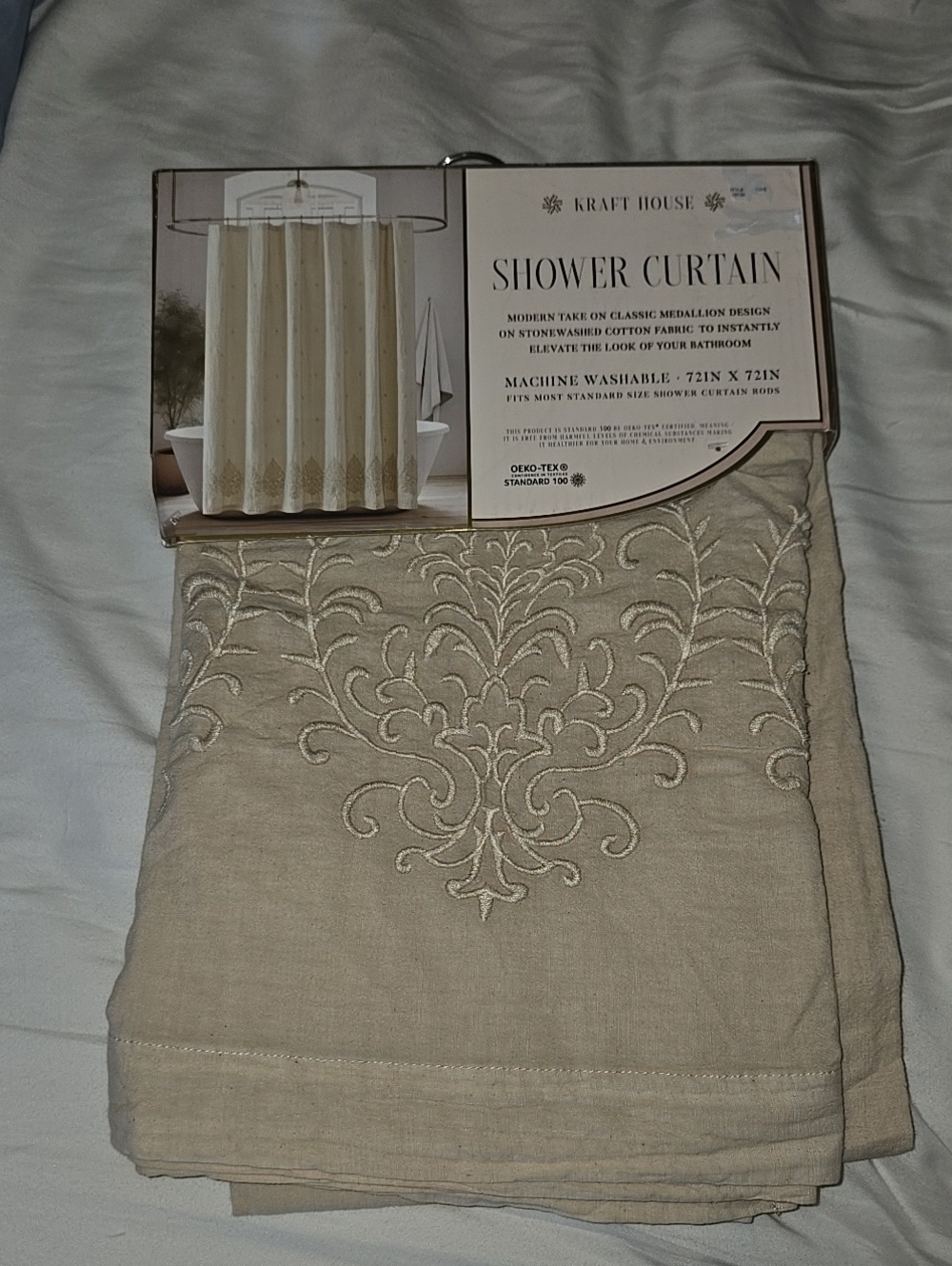 Kraft House Embroidered Shower Curtain Panel - Beige